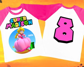 Princess Peach Super Mario Personalized Birthday Boy, Birthday Girl, Raglan Shirt, Family Shirt, Party Family Matching Tee.