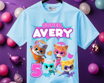 Camiseta personalizada de Super Kitties para cumpleaños de niña, cumpleaños de niño, familia, camiseta a juego para fiesta familiar.