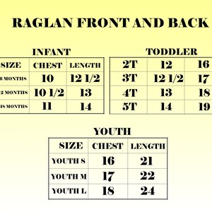 Puede incluir: Tabla de tallas para camisas raglan en tallas de beb&eacute;, ni&ntilde;o peque&ntilde;o y joven. La tabla muestra las medidas de pecho y largo en pulgadas para cada talla.