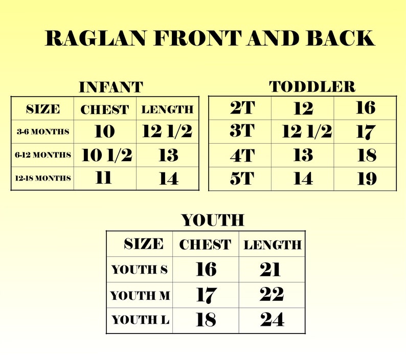 Puede incluir: Tabla de tallas para camisas raglan en tallas de beb&eacute;, ni&ntilde;o peque&ntilde;o y joven. La tabla muestra las medidas de pecho y largo en pulgadas para cada talla.