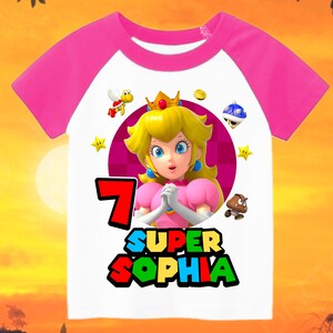 Camiseta raglán personalizada de la princesa Peach de Mario para cumpleaños de niño, cumpleañera, camiseta familiar, camiseta a juego para fiesta familiar.