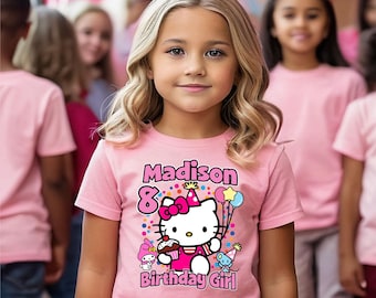 Hello Cat Personalized Birthday Girl, Pink Shirt, Family Shirt, Party Family Matching Tee.