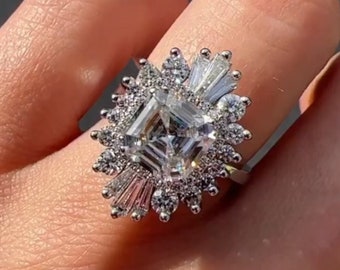 2 CT Asscher Cut Moissanite Engagement Ring, 14K White Gold Wedding Ring, Vintage Starburst Halo Ring For Her, Ballerina Anniversary Ring