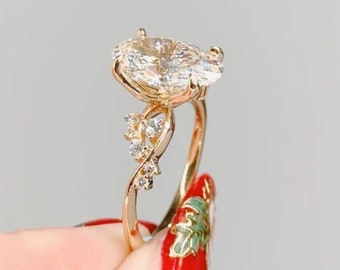 Gedraaide ring, 5 CT langwerpige ovale geslepen Moissanite ring, 14K gouden Moissanite cluster verlovingsring, trouwring, belofte ring cadeau voor haar