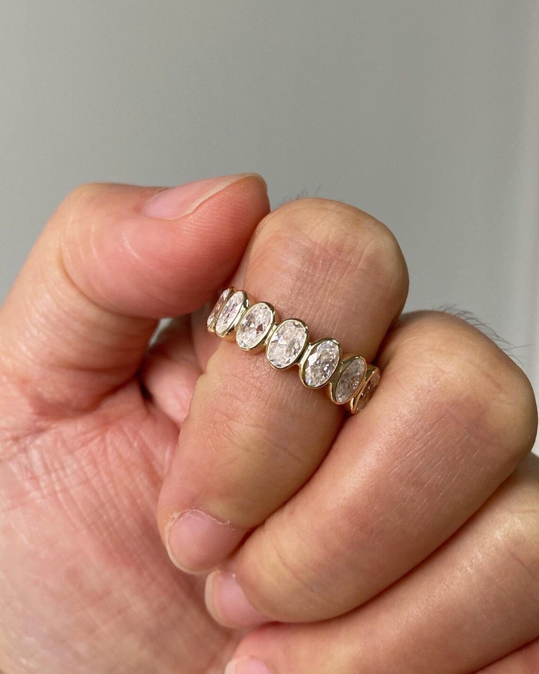 Bezel Set Oval Cut Moissanite Wedding Band, 14K Solid Yellow Gold Band ...