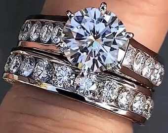 Stunning 8 mm Round Cut Engagement Ring, Channel Set Moissanite Bridal Set, 14K Gold Round Bridal Set, Wedding Set Rings, Full Eternity Band