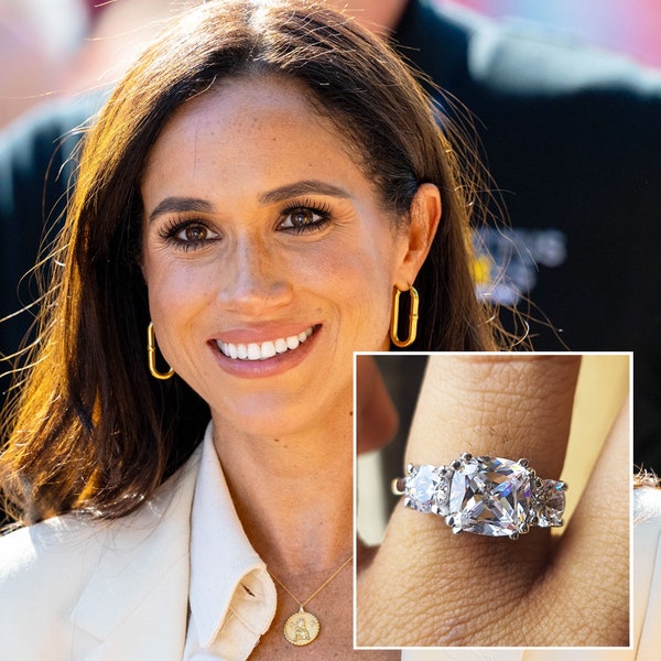 Trendy Meghan Markle Replica Ring/ 3 CT Elongated Cushion Cut Moissanite Engagement Ring/14K Gold Wedding Ring/Three Stone Ring Gift For Her