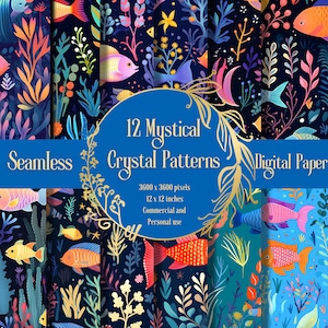 12 ilustrações de peixes tropicais subaquáticos, papel digital, designs de padrões sem costura, download instantâneo para uso comercial e pessoal