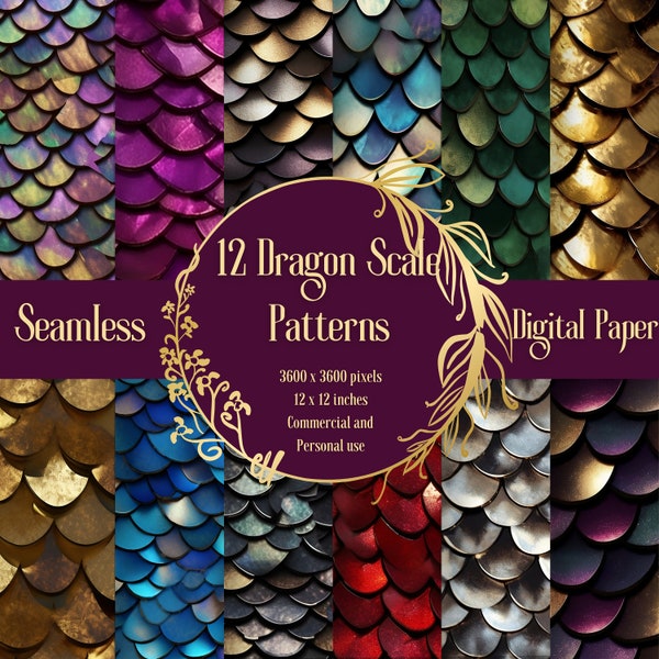 12 Dragon Scale Shimmery Iridescent Metallic Digital Paper Seamless Pattern Designs Instant Download for Commercial and Personal Use