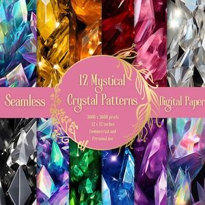 12 joias de cristal de pedras preciosas de arco-íris místico, papel digital, designs de padrão sem costura, download instantâneo para uso comercial e pessoal