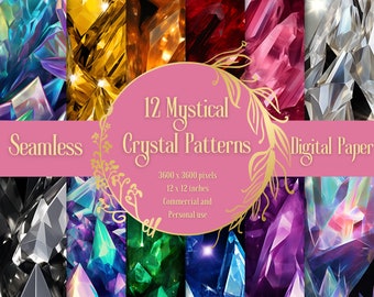 12 Mystical Rainbow Gemstone Crystal Jewels Digital Paper Seamless Pattern Designs Téléchargement instantané pour un usage commercial et personnel