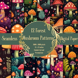 12 designs de padrão sem emenda de papel digital de cogumelo florestal mágico, download instantâneo para uso comercial e pessoal