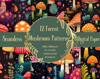 12 Magical Woodland Forest Mushroom Digital Paper Seamless Pattern Designs Instant Download for Commercial and Personal Use