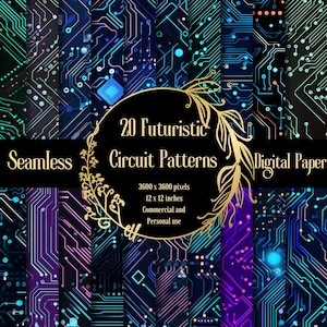 20 Futuristic Neon Circuit Board Motherboard Digital Paper Seamless Pattern Designs Instant Download for Commercial and Personal Use