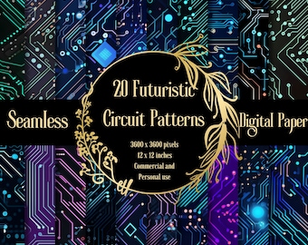May include: 20 digital paper designs featuring seamless futuristic circuit patterns in vibrant blue, green, and purple hues. Each pattern is 3600 x 3600 pixels, or 12 x 12 inches, and can be used for commercial and personal projects.