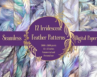 12 Feather Shimmery Iridescent Holographic Pastel Digital Paper Seamless Pattern Designs Instant Download for Commercial and Personal Use