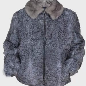Gray Real Persian Lamb Fur Bomber Jacket Real Mink Fur Collar Astrakhan Fur Coat