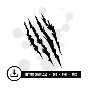 May include: A black graphic design featuring four jagged claw marks set against a background of light gray paint splatters. Below the graphic, a black horizontal bar contains a download icon and the text INSTANT DOWNLOAD • SVG • PNG • JPEG.