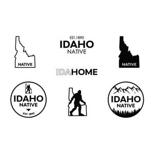 May include: Black and white logo designs featuring the state of Idaho with the text "Idaho Native" and "IDAhome".