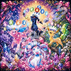 May include: A digital illustration featuring four stylized creatures with crystalline textures, surrounded by glowing gems, pink ribbons, and floral elements. The scene includes a dark blue, a pink, a yellow, and a white creature, all adorned with jeweled crowns.