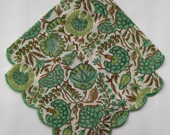 Green Floral Cotton Napkins, Block Print Napkins, Cotton Cloths Napkins Hand Print Everyday Use Assorted Dinner Napkins 20x20 Inch Set Of 4
