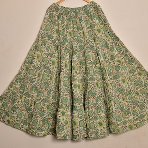 Saia estampada em bloco de mão verde e amarela, todos os tamanhos XS a 6XL, saia longa floral étnica indiana feminina, em tecido macio de algodão respirável