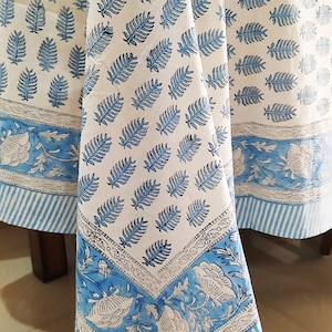 Light Blue Leaf and Off White Indian Hand Block Printed Tablecloth, Gift For Her, Anniversary..Birthday,Gift,Dining Tablecloth,Linen set