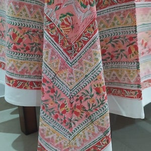 Light Color Floral Indian Hand Block Print Tablecloth, Flower Design Hand Block Printed Tablecloth, Pink French Tablecloth, Christmas Gift