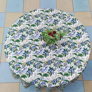 Blue and Green Floral Round Tablecloth, Indian Block Print Round Table Cover, Circle Tablecloth, Country Kitchen Round Table Cloths, Gifts