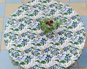 Mantel redondo con estampado floral azul y verde, mantel redondo con estampado de bloques indios, mantel circular, manteles redondos para cocina campestre, regalos