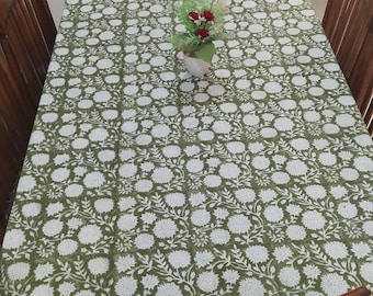 Green and Off White Indian Hand Block Printed Tablecloth, Gift For Her, Anniversary..Birthday...Baby Shower Gift,Elegant Design Tablecover