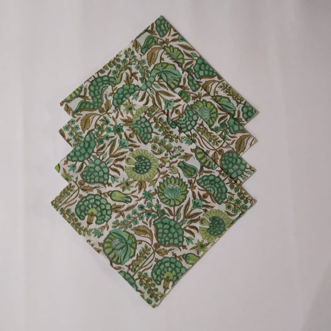 Big PATTERN & Sage Green Napkins, Delft White Indian Hand Block Floral ...
