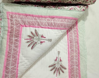 Handmade quilt in fine cotton, reversible hand block printed jaipur razai, 100% cotton blanket throw, comforter quilt hand block printed