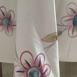 Hand Painted Tablecloth, Floral Flowers Cotton Dinner Tablecloth, Mothers Day Gift, Housewarming Gift, Floral Home Decor, Great Wedding Gift