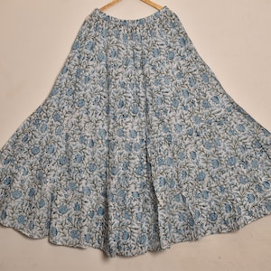 Saia azul com estampa de blocos de mão, todos os tamanhos XS a 6XL, saia longa floral étnica indiana feminina, em tecido macio de algodão respirável, saia escura
