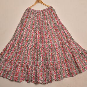 Saia estampada rosa em tecido de algodão macio e respirável, todos os tamanhos XS a 6XL, saia longa floral étnica indiana para mulheres, saia escura
