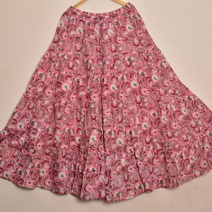 Saia com estampa floral rosa em tecido macio de algodão respirável, todos os tamanhos XS a 6XL, saia indiana étnica floral branca feita à mão para mulheres