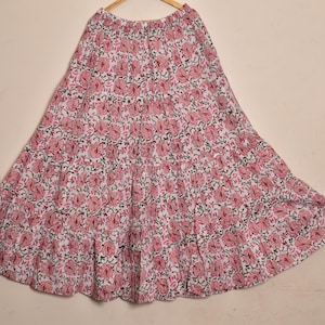 Saia estampada de algodão | linda saia longa estampada à mão | saia em camadas | saia estampada floral rosa | saias franzidas