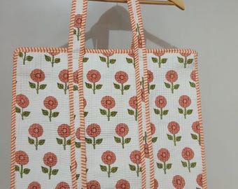 Block Orange Floral Printed Tote Bag Carry Bag, Women Shopping, Handmade Cotton Quilted Tote Bag, Ethnic Cotton Shoulder Bag /Large Tote Bag