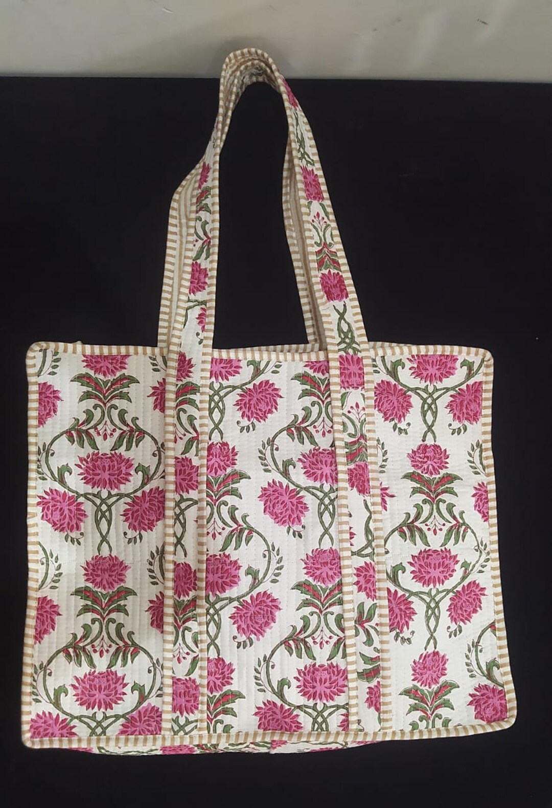 Cotton Block Print Tote Bag - Handmade  Print Bags | Unique Exotic Jewelry-Green multicolored