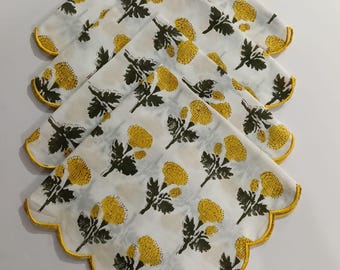Flower Hand Block Printed Cotton Cloth Napkins, Housewarming Gift, Event Table Decor,Kitchen Decor Napkins, Scalloped Dinner Napkins 20"x20"