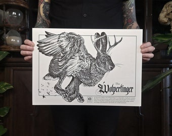 A3 Riso print Wolpertinger - Hare, Cryptozoology, Folklore - Christopher Reuter