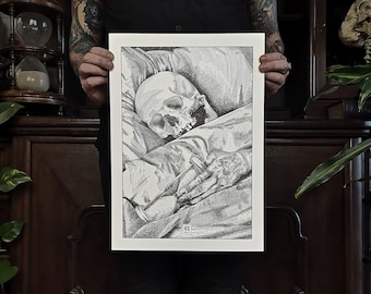 A3 Riso Print Memento Mori - Skull, Skeleton, Hourglass, Deathbed - Christopher Reuter