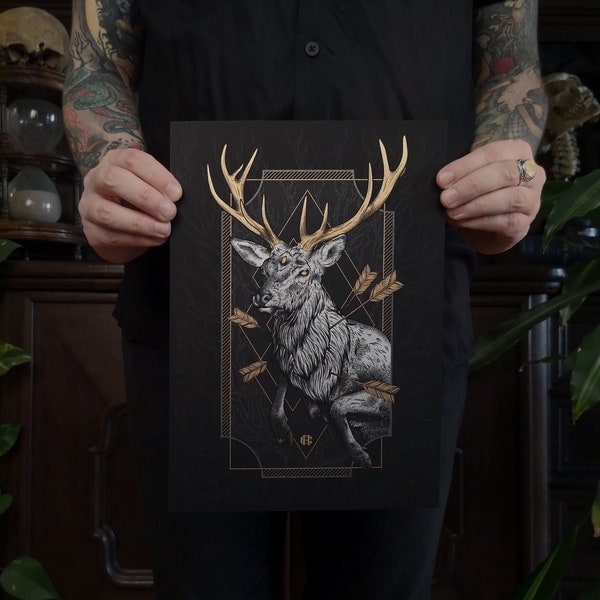 A4 riso print Dødens Vee - deer, arrows, Yggdrasil - Christopher Reuter