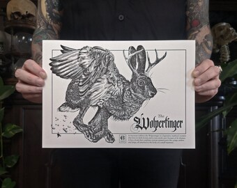 A4 Riso print Wolpertinger - Rabbit, Cryptozoology, Folklore - Christopher Reuter