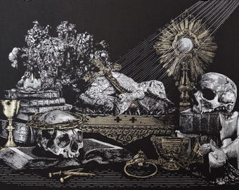 Serigrafía de naturaleza muerta: Resurrección, Cordero, Calavera, Vela, Vanitas, Crucifijo, Custodia - Christopher Reuter