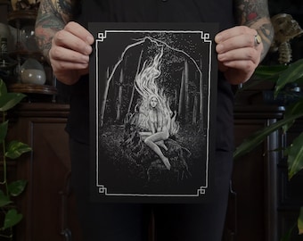 A4 Riso print Witch - witch, goat, sabbath, fire, forest - Christopher Reuter