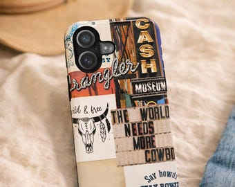 Western Collage Phone Case, Retro Cowgirl Protective Cover