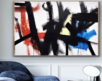 Original Abstract Canvas Art, Black Red Blue Painting, Contemporary Wall Art, Acrylic Artwork, 48x30 Inch