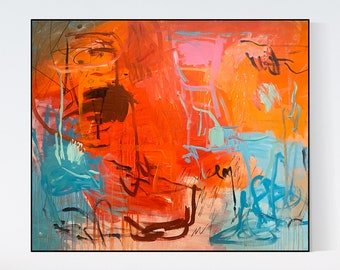 Large Abstract Red Painting on Canvas, (48x38 in)